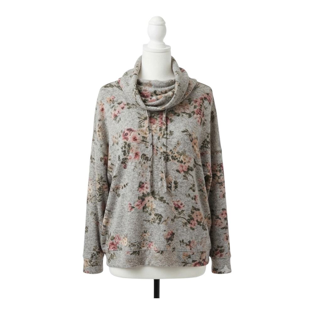 Maurices Floral Cowl Neck Pullover Sweater Top Gray Large Soft Long Sleeve